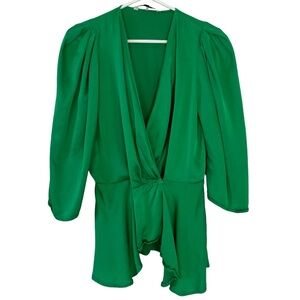 Zara Green Satin Wrap Top Blouse Womens Size Small Half Sleeve V Neck Shirt